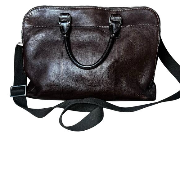 Vintage FOSSIL Mercer Dark Brown Leather Double Zip Work Messenger Bag tote - Picture 1 of 10